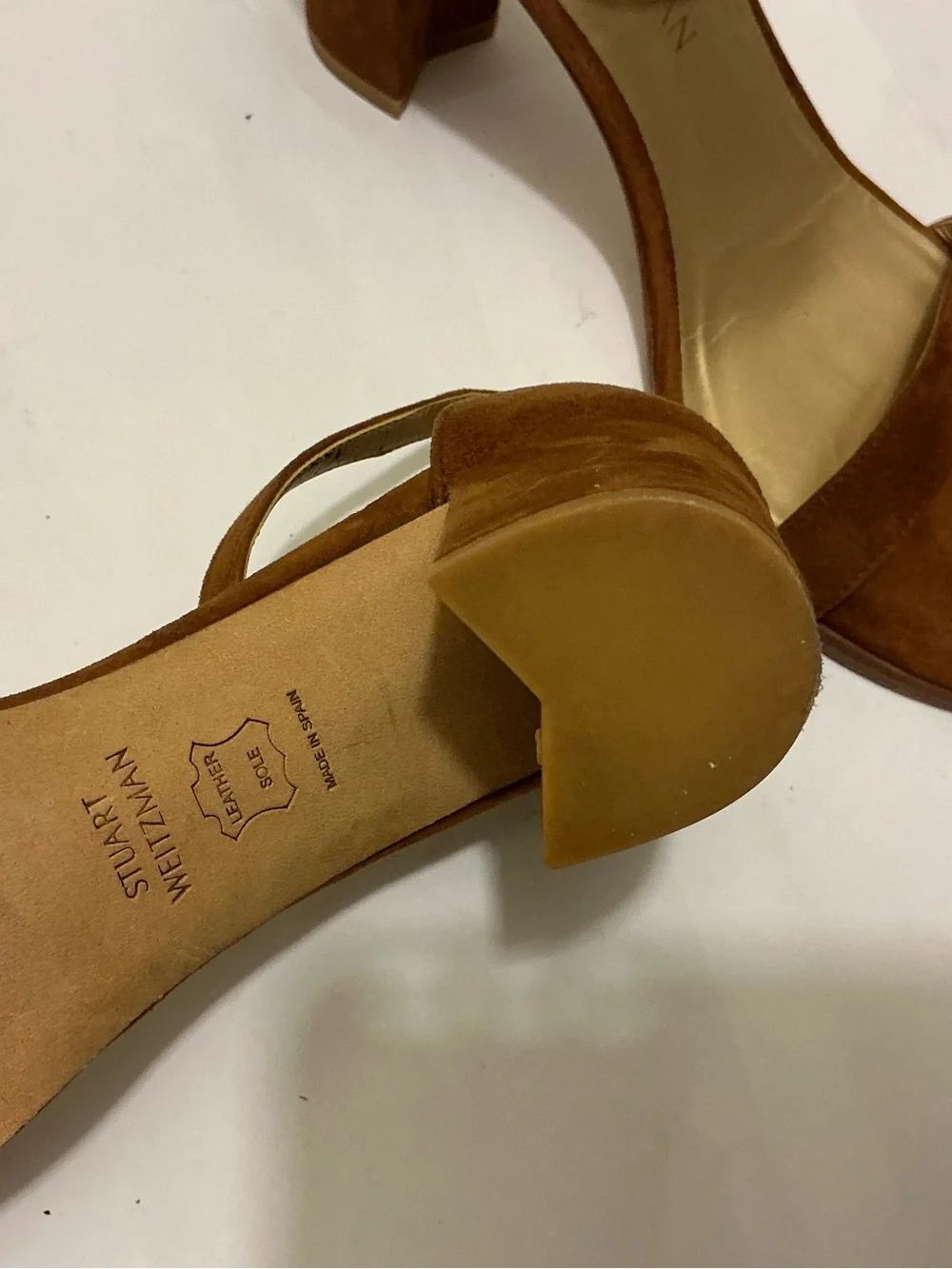 Stuart Weitzman Suede Ankle-Strap Block Heel - Cognac Brown - Picture 7 of 10